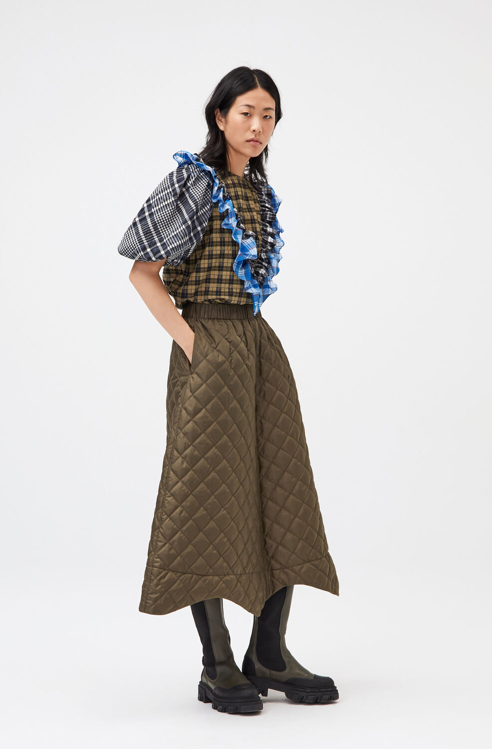가니 퀼팅 스커트 Ganni Recycled Ripstop Quilt Skirt,Kalamata