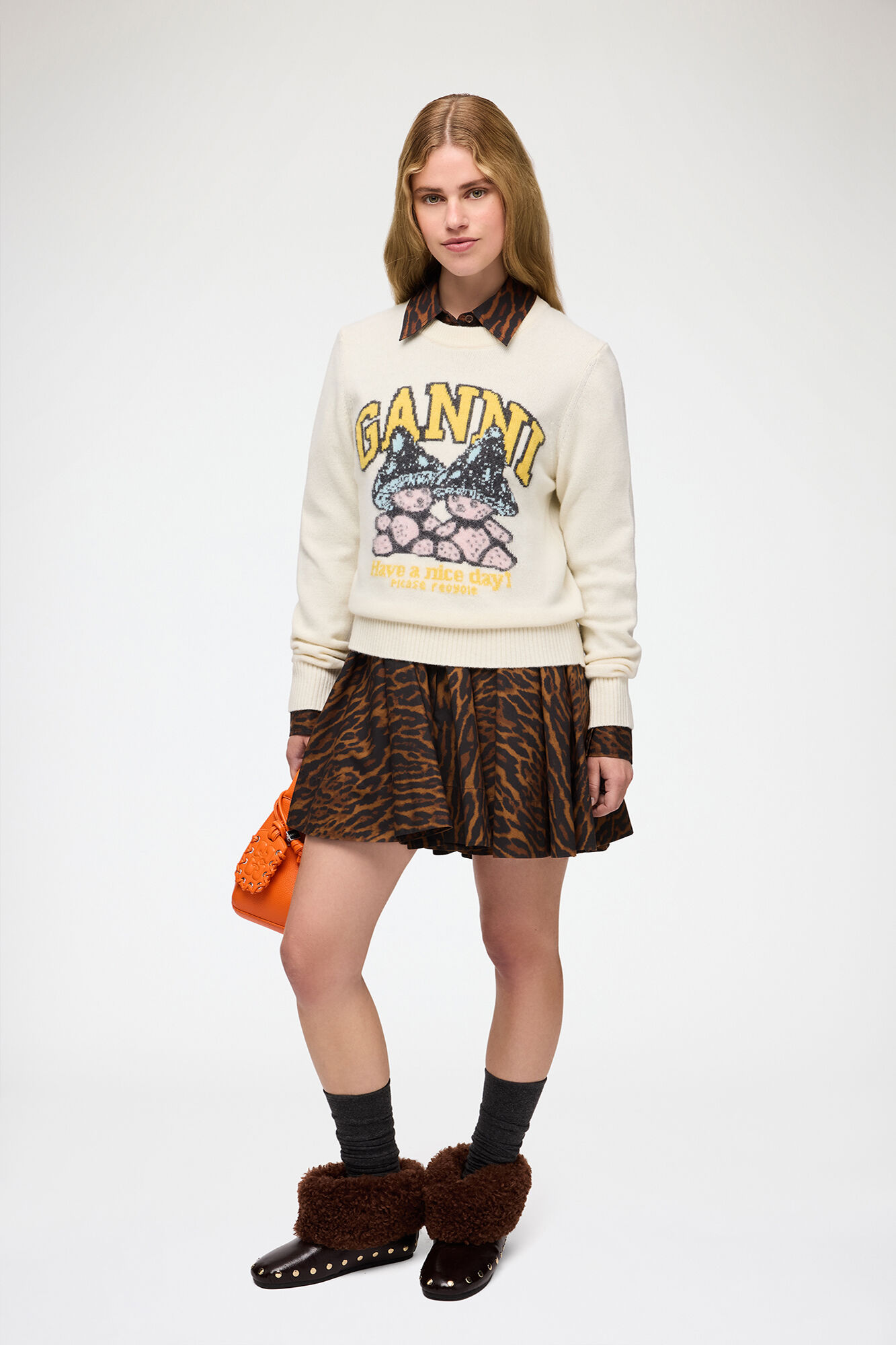 Jumper with Mushroom Teddy, Wool, in colour Egret - 2 - GANNI