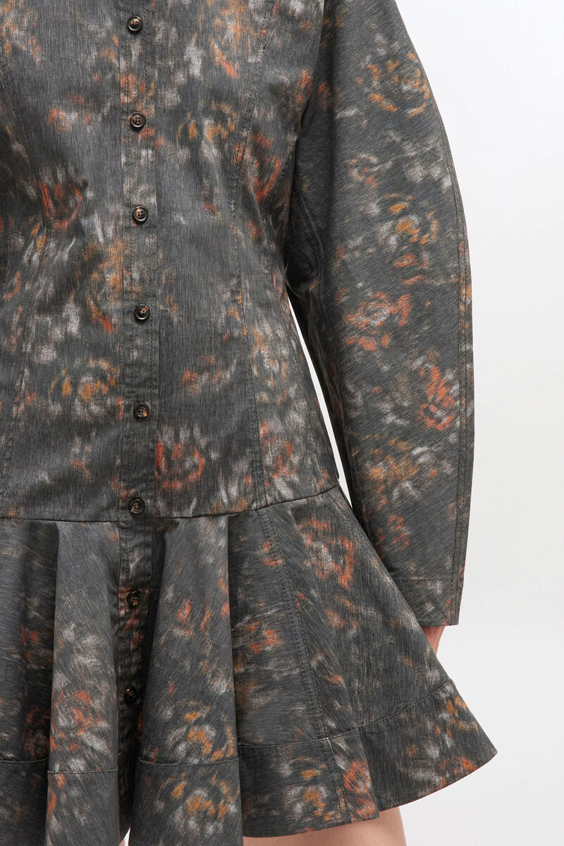 Black Floral Shirt Dress, Elastane, in colour Phantom - 3 - GANNI