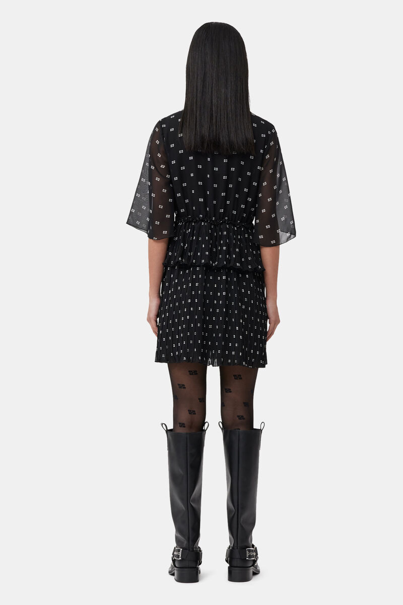 Black Pleated Georgette V-neck Flounce Mini Dress, Recycled Polyester, in colour Black - 2 - GANNI