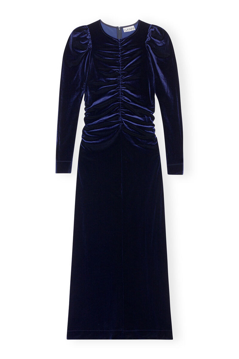 Blue Velvet Jersey Long Dress, Recycled Polyester, in colour Total Eclipse - 1 - GANNI