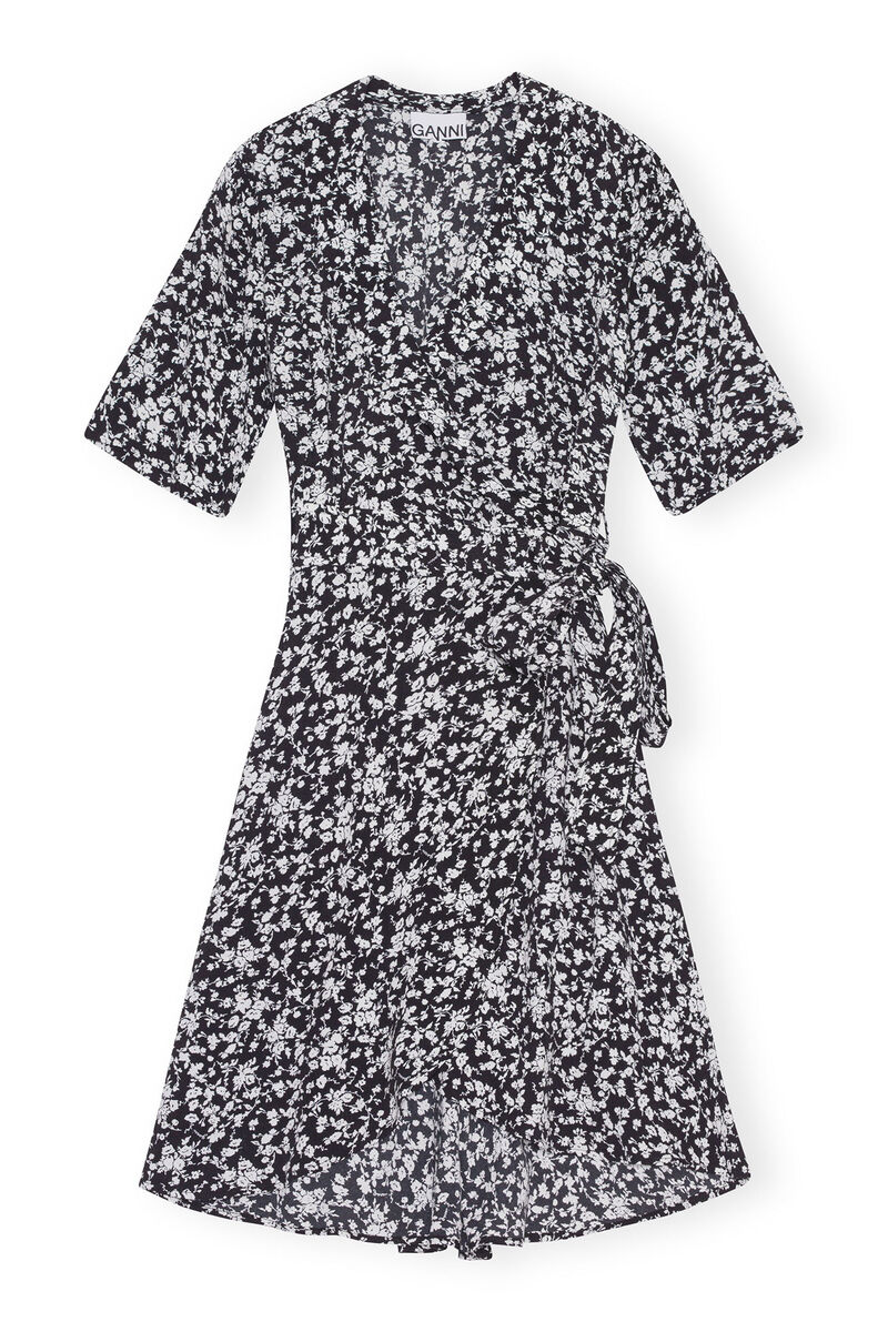Mönstrad omlottklänning i crepe, LENZING™ ECOVERO™, in colour Black - 1 - GANNI
