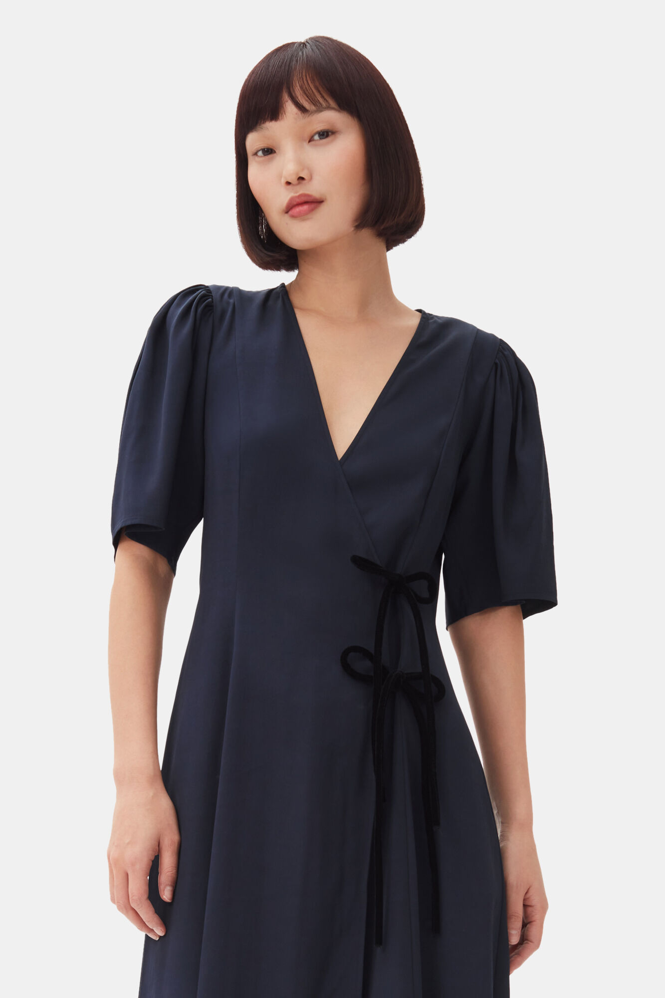 Navy Blue Viscose Twill Wrap Midi Dress, Viscose, in colour Sky Captain - 2 - GANNI