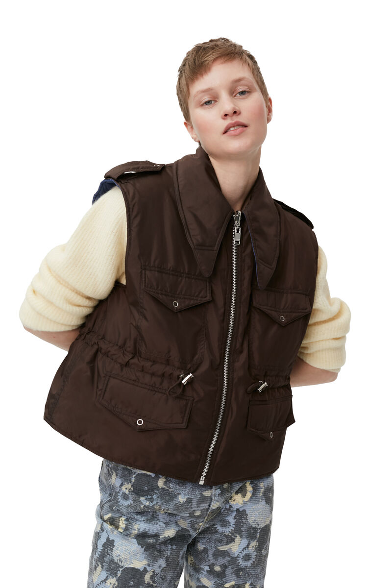 Ripstop Quilt Reversible Vest, Recycled Polyester, in colour Mole - 3 - GANNI
