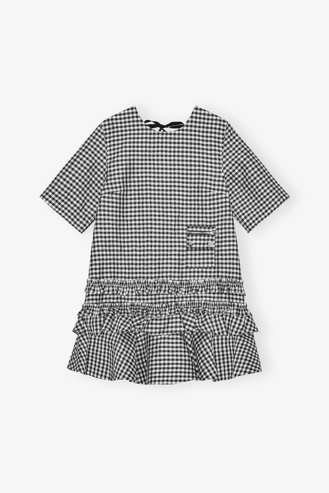 Crinkled Check Mini Dress, Black