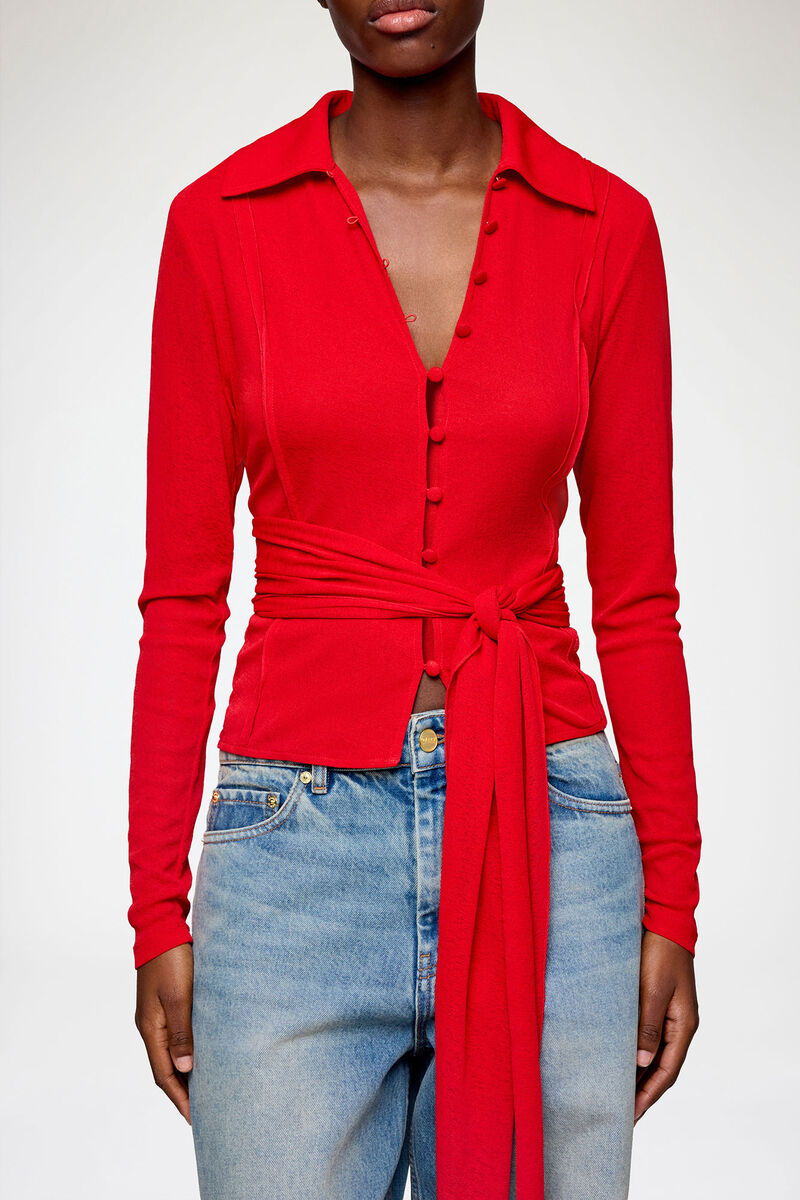 Shirt in Red Marl Mesh, Recycled Polyester, in colour Goji Berry - 4 - GANNI