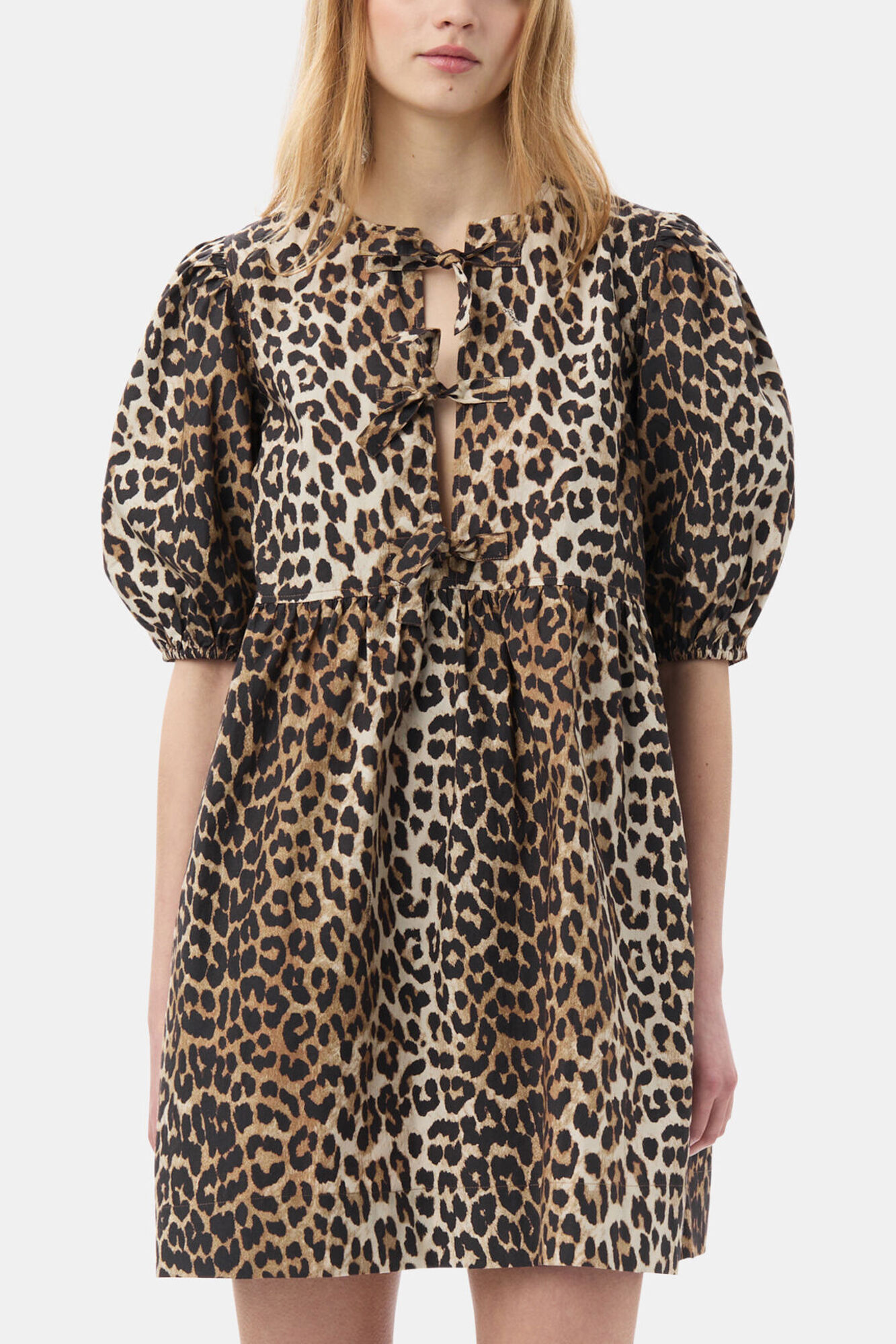 Leopard Printed Cotton Tie String Mini Dress | GANNI US