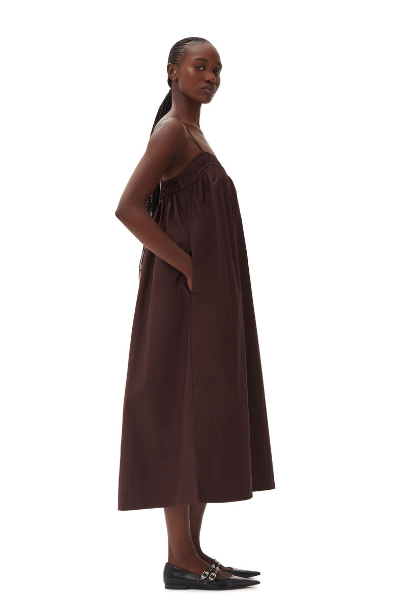 Brown Cotton Poplin Midi Strap Kleid, Cotton, in colour Mole - 3 - GANNI