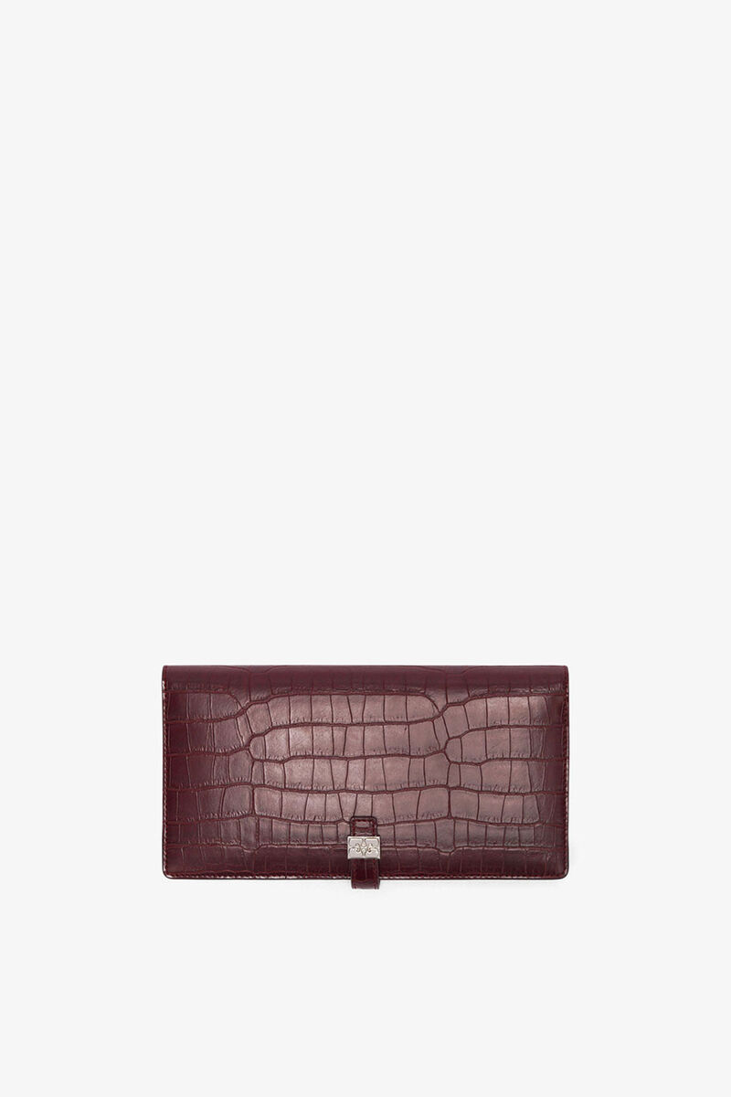 Sue Long Slim Wallet in Burgundy Croco, Recycled Leather, in colour Burgundy - 1 - GANNI