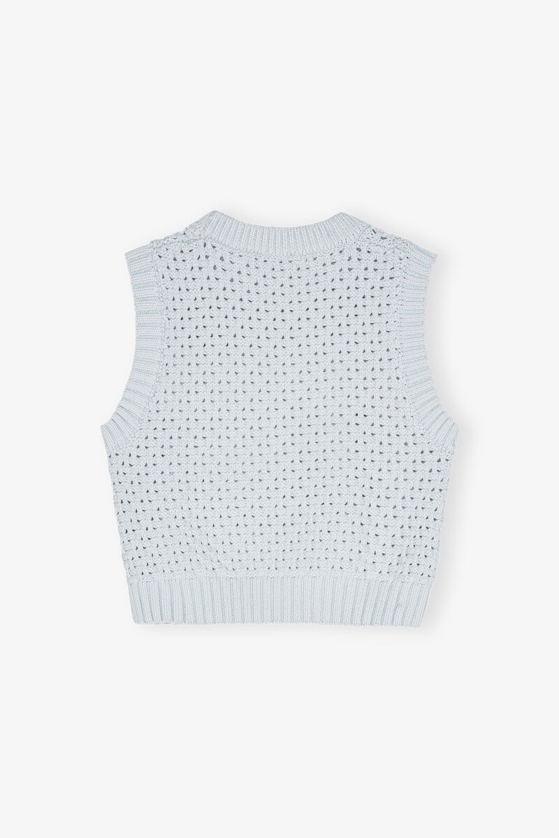 Blue Pointelle Vest, Organic Cotton, in colour Illusion Blue - 2 - GANNI