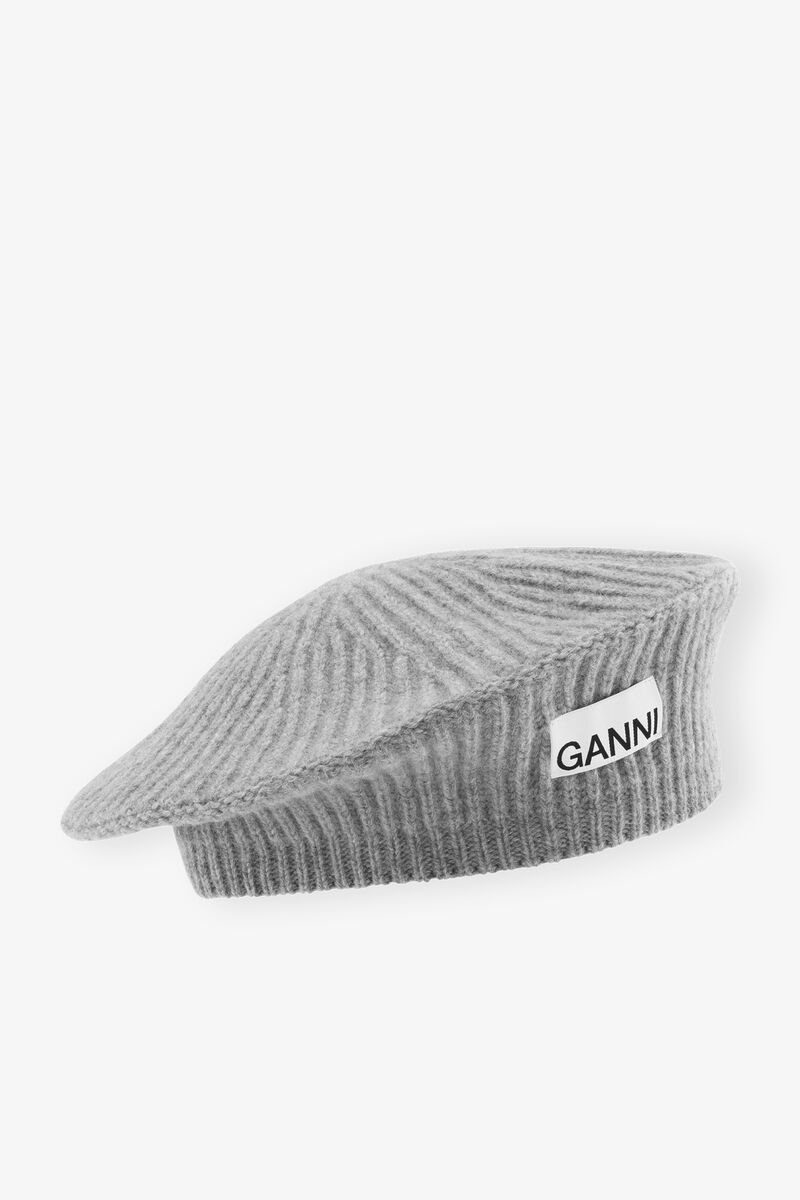 Wool Rib Knit Beret, Recycled Polyamide, in colour Paloma Melange - 1 - GANNI