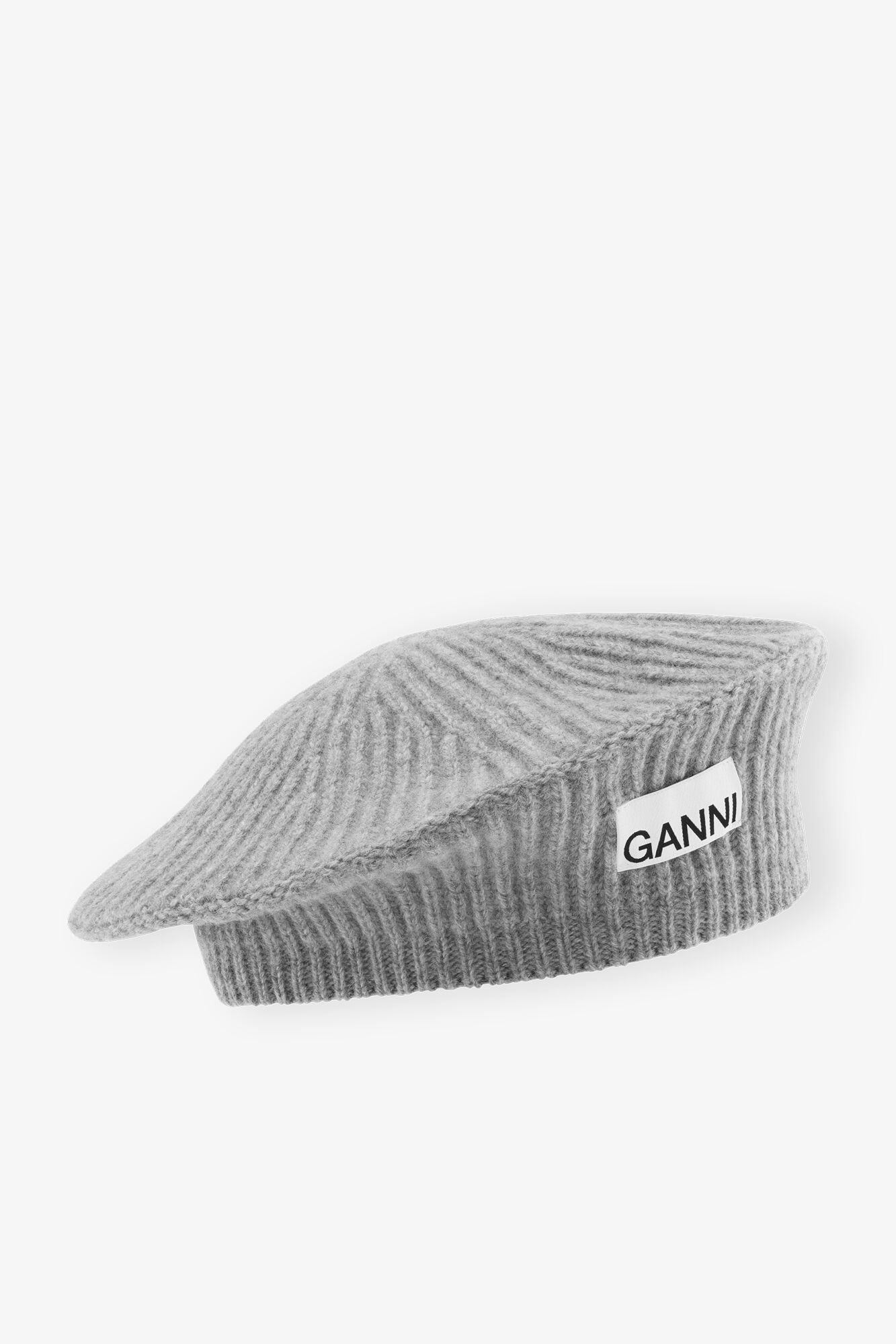 Wool Rib Knit Beret, Recycled Polyamide, in colour Paloma Melange - 1 - GANNI
