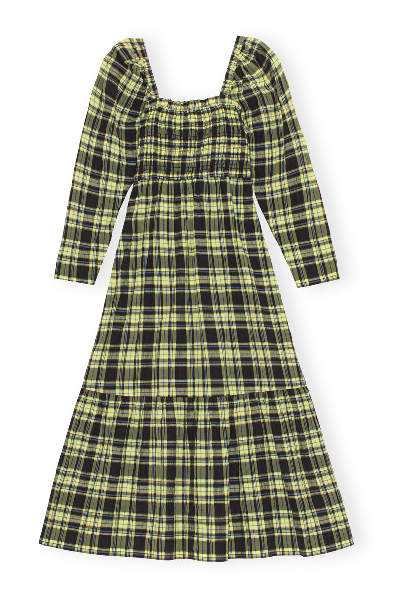 Checkered Seersucker Maxi Dress, Organic Cotton, in colour Check Elfin Yellow - 2 - GANNI
