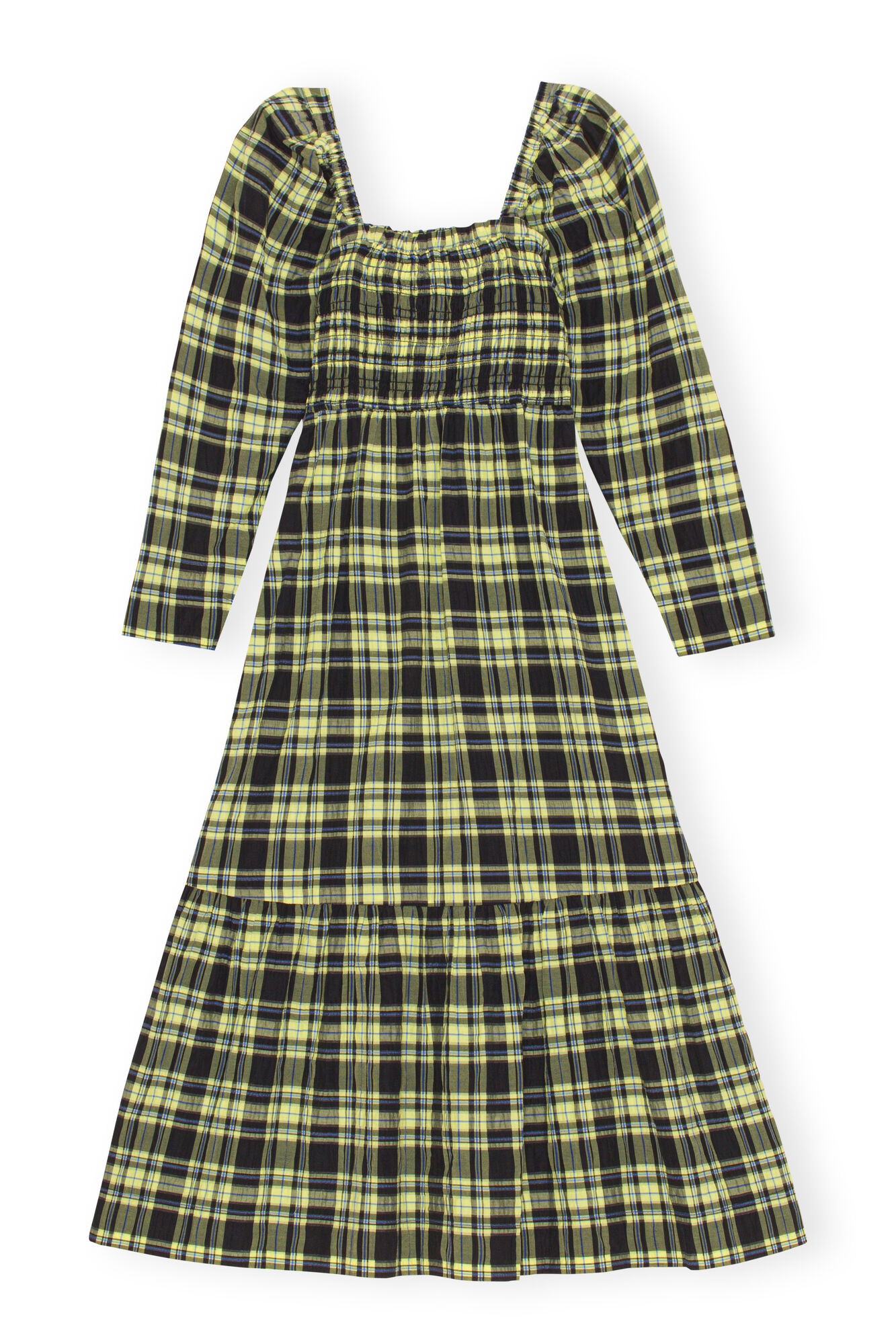 Checkered Seersucker Maxi Dress, Organic Cotton, in colour Check Elfin Yellow - 2 - GANNI