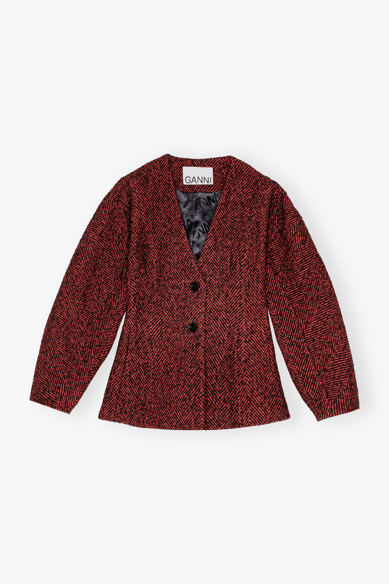 Red Herringbone Wool Curve Sleeve Blazer, Acryl, in colour Winery - 1 - GANNI