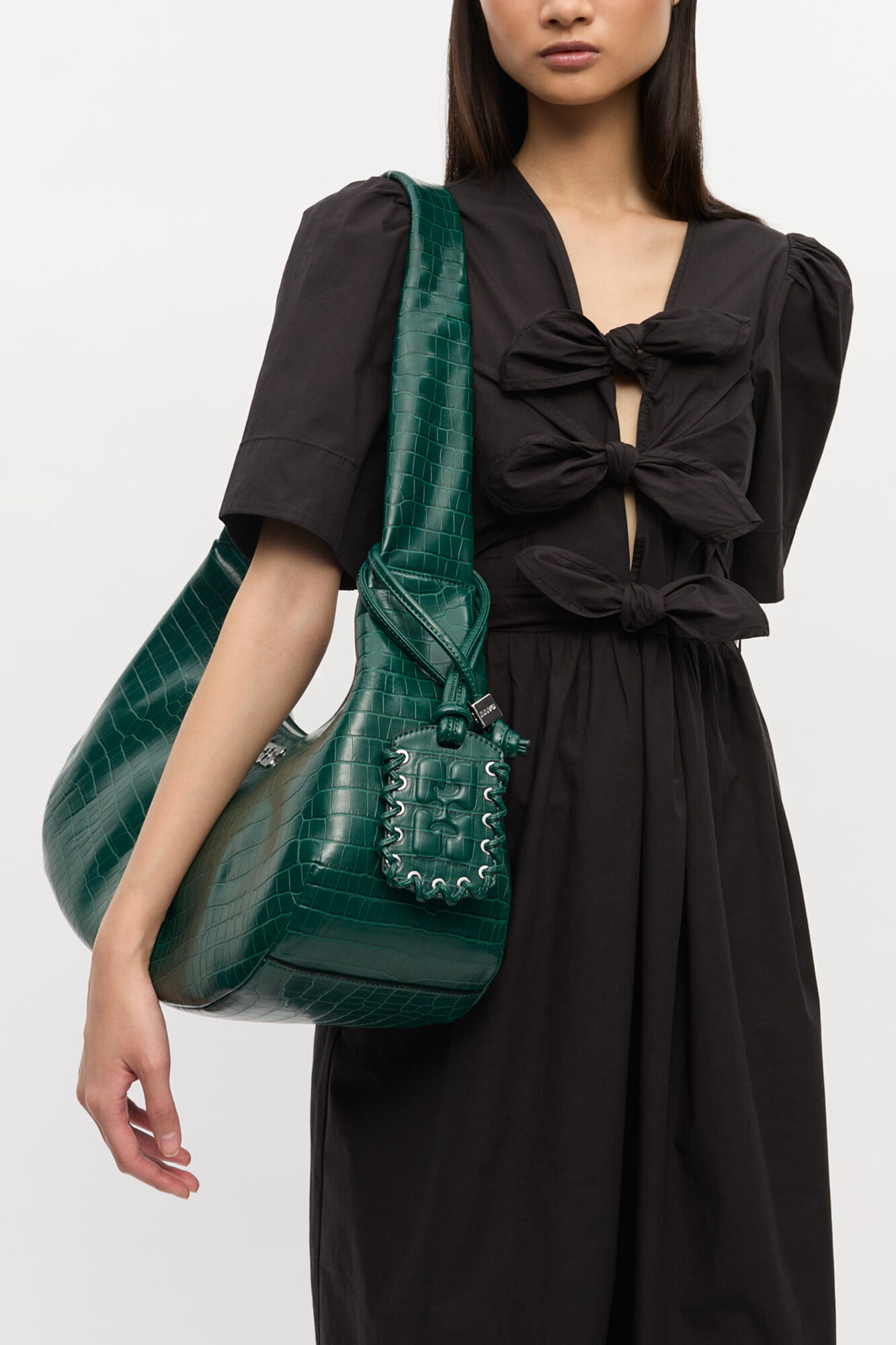 Green Croco Medium Hobo Bag, Recycled Leather, in colour Pineneedle - 2 - GANNI