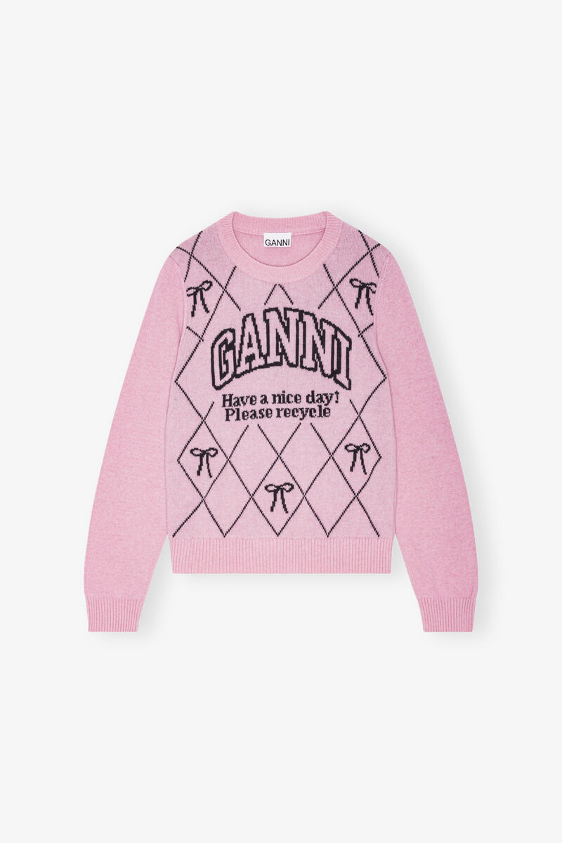 Pink Graphic Bow Sweater, Wool, in colour Mauve Chalk - 1 - GANNI