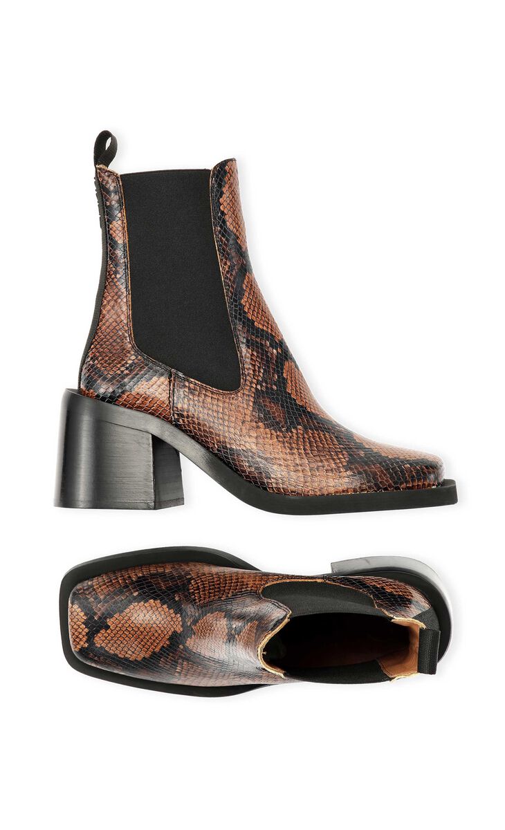 Embossed-Snakeskin Heeled Chelsea Boots, Leather, in colour Cognac - 2 - GANNI