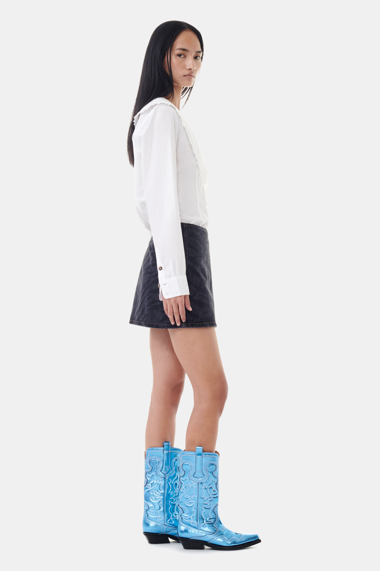 Blue Metallic Mid Shaft Embroidered Western Boots, Polyurethane, in colour Blue Curacao - 3 - GANNI