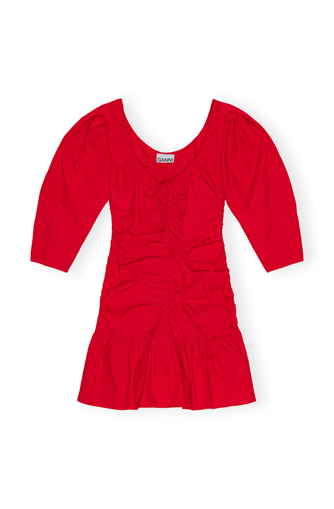 Robe Red Cotton Poplin Gathered U-neck Mini, Racing Red