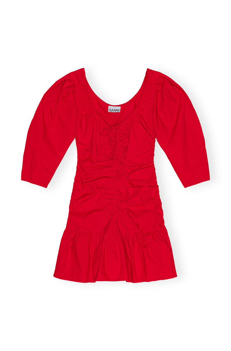 Red Cotton Poplin Gathered U-neck Mini Dress, Cotton, in colour Racing Red - 1 - GANNI
