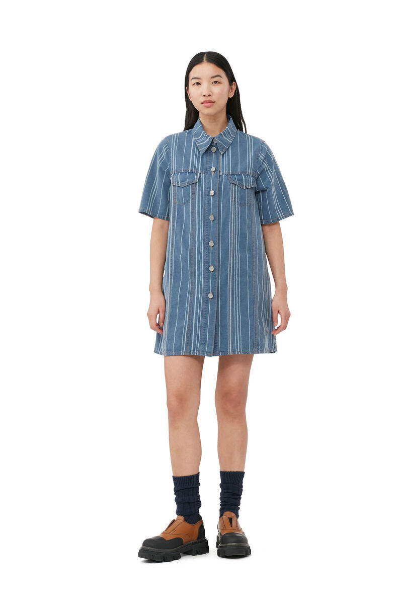 Light Stripe Denim Mini Dress, Cotton, in colour Mid Blue Stone - 1 - GANNI