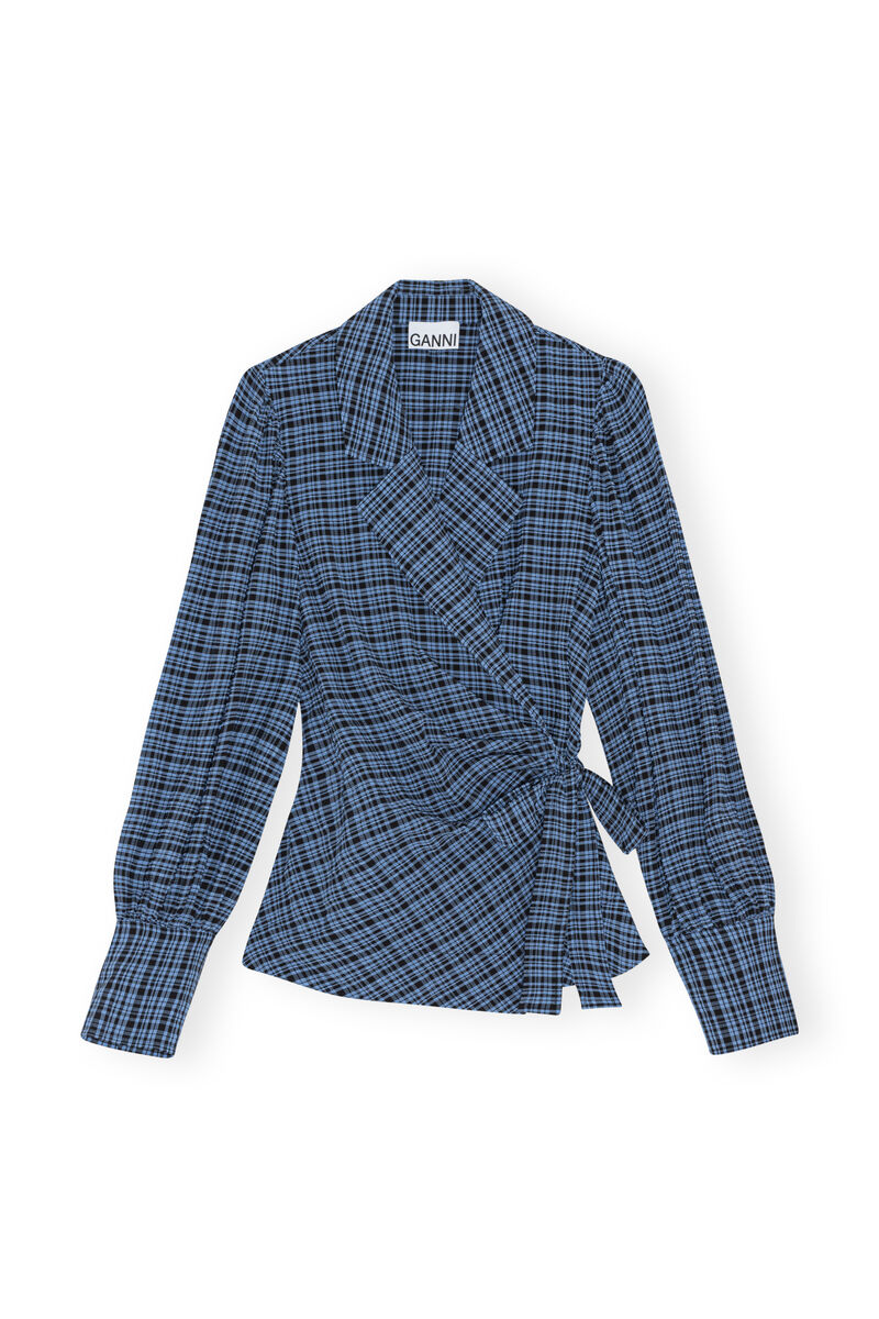 Seersucker Wrap Shirt, Elastane, in colour Mini Check Granada Sky - 1 - GANNI
