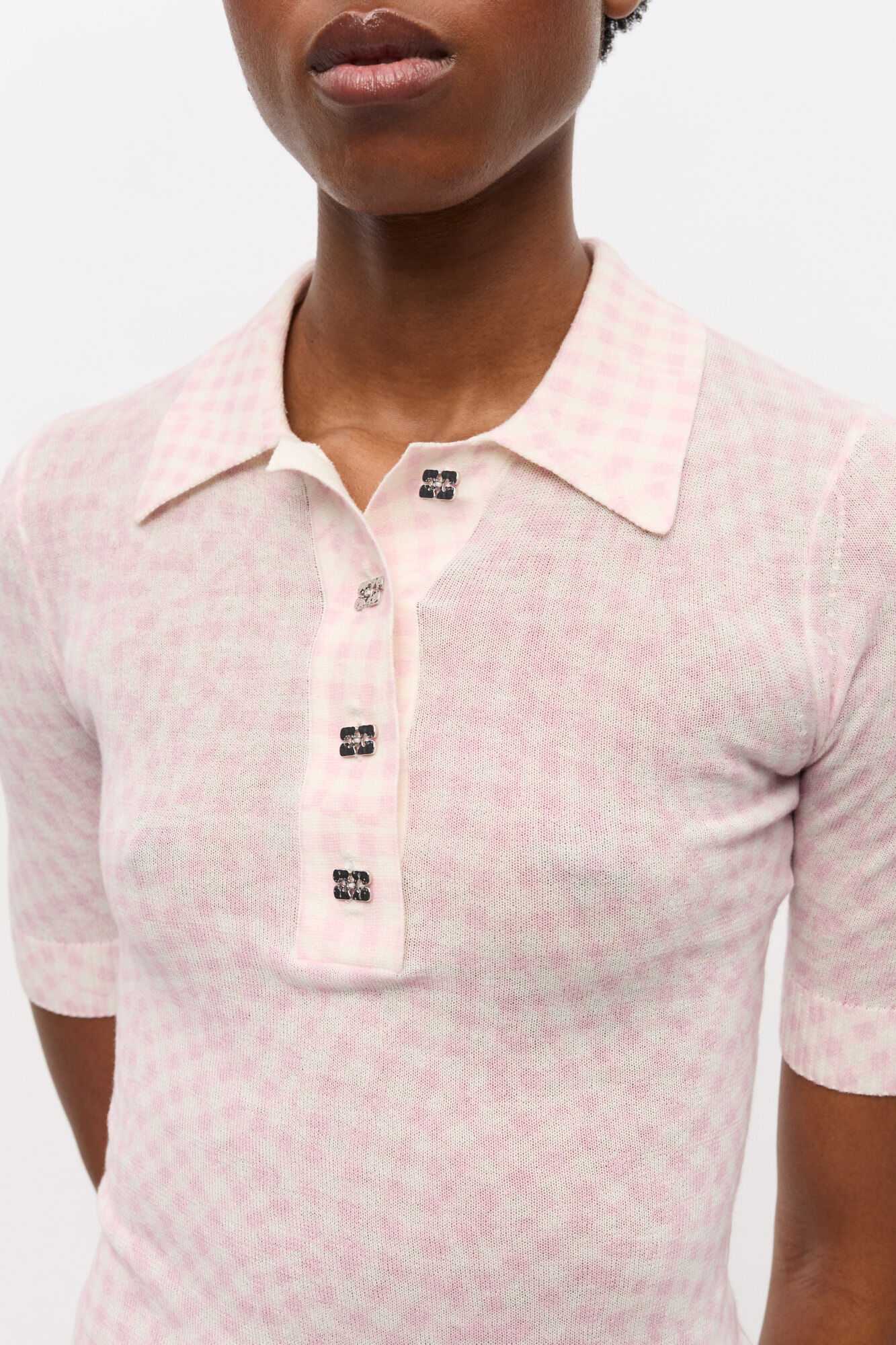 Pink Sheer Cotton Printed Polo Shirt, Elastane, in colour Bleached Mauve - 3 - GANNI
