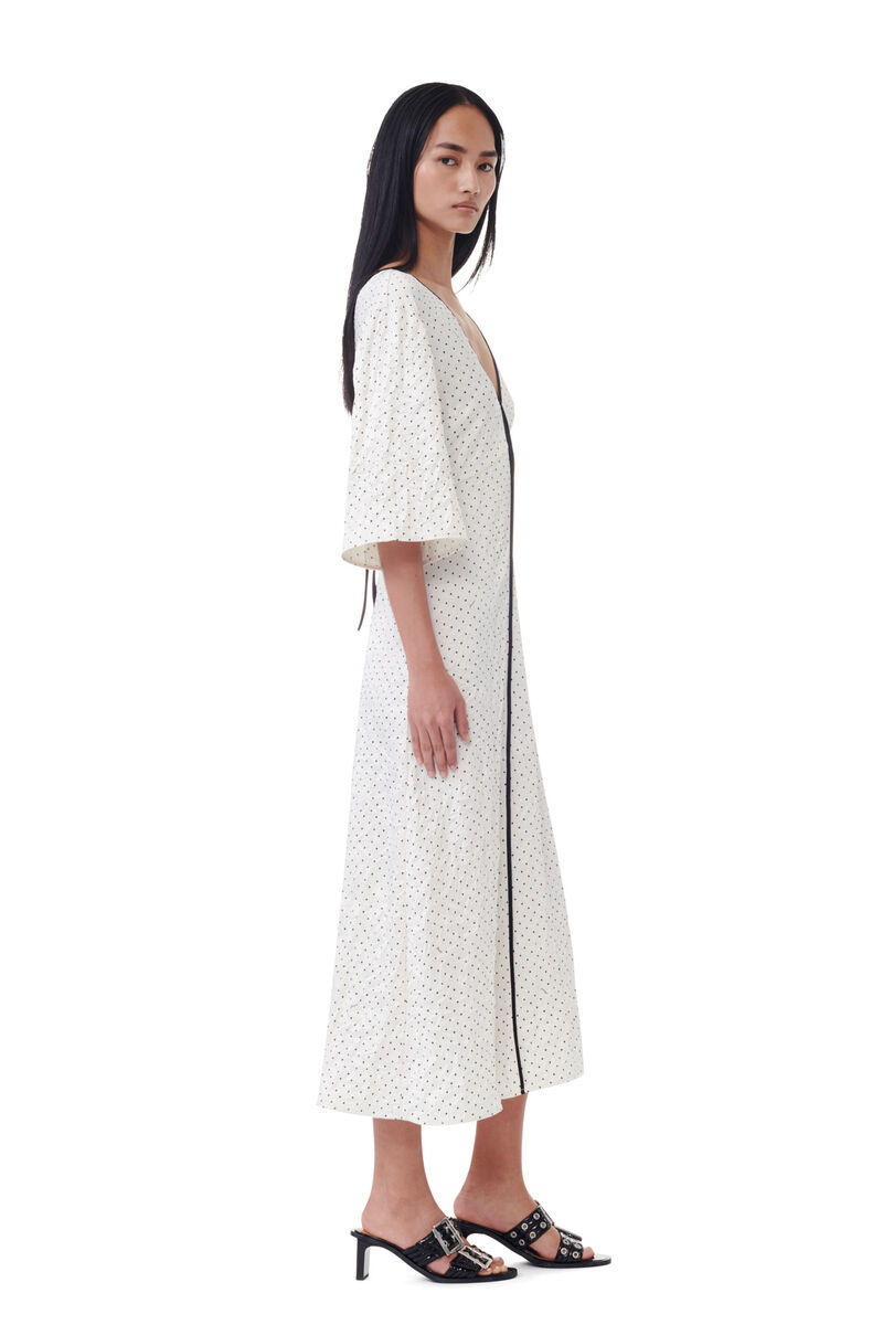 White Polka Dot Crinkled Satin V-neck Long Dress, Elastane, in colour Egret - 3 - GANNI