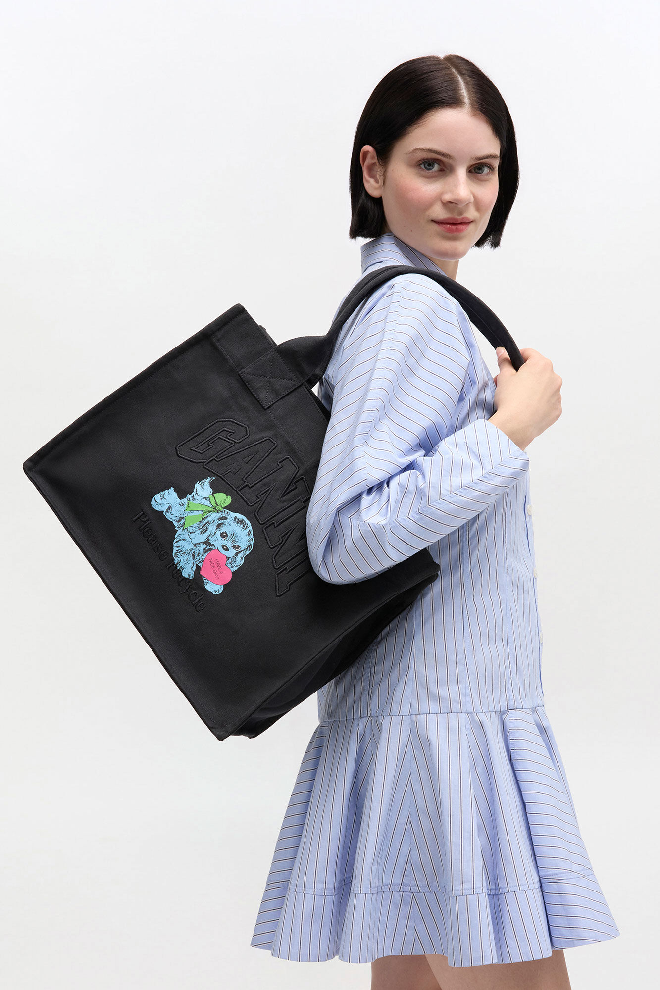 Black Puppy Large Tote, Recycled Cotton, in colour Phantom - 4 - GANNI