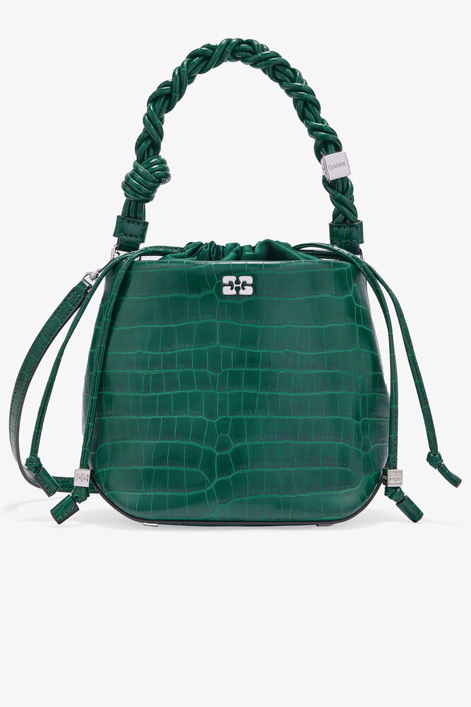 Green Patent Croco Bou Bucket Bag, Pineneedle