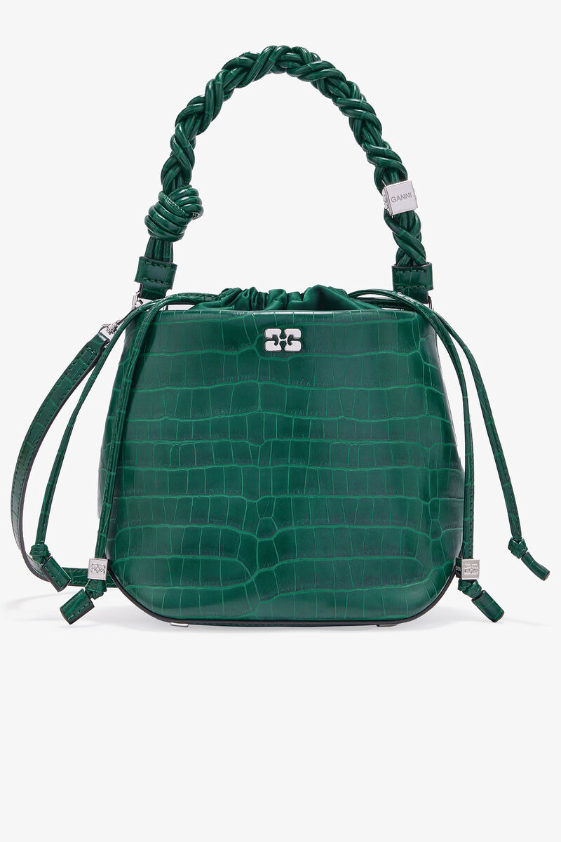 Green Patent Croco Bou Bucket Bag, Lyocell, in colour Pineneedle - 1 - GANNI