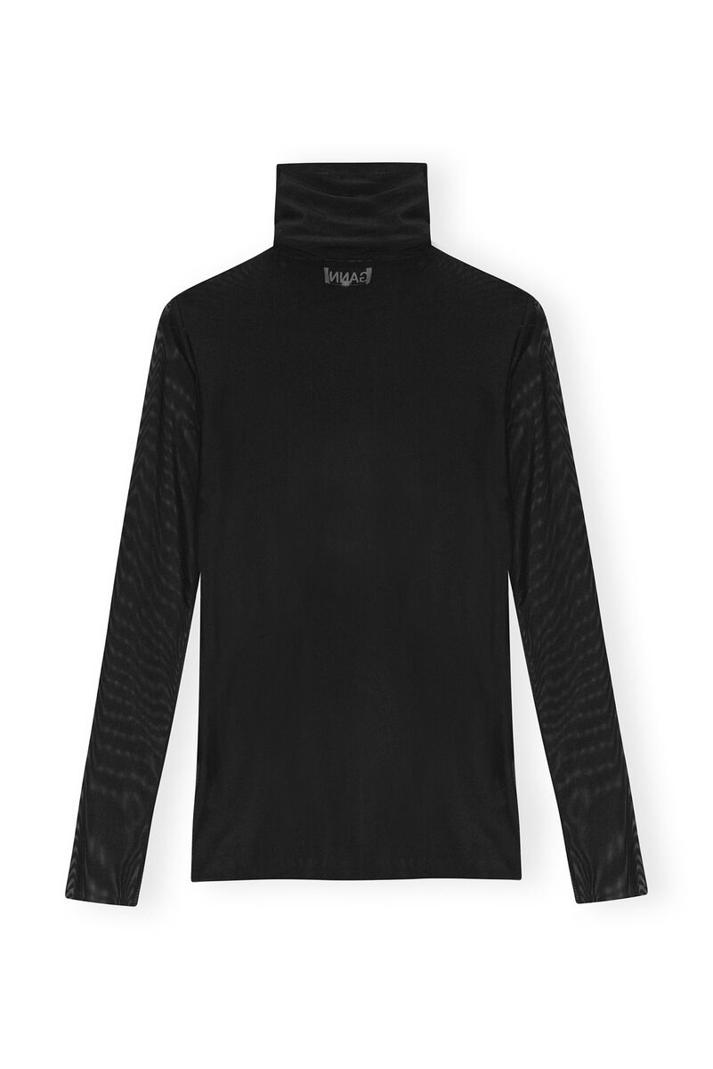 Black Mesh Long Sleeve Roll Neck Blouse, Recycled Nylon, in colour Black - 2 - GANNI