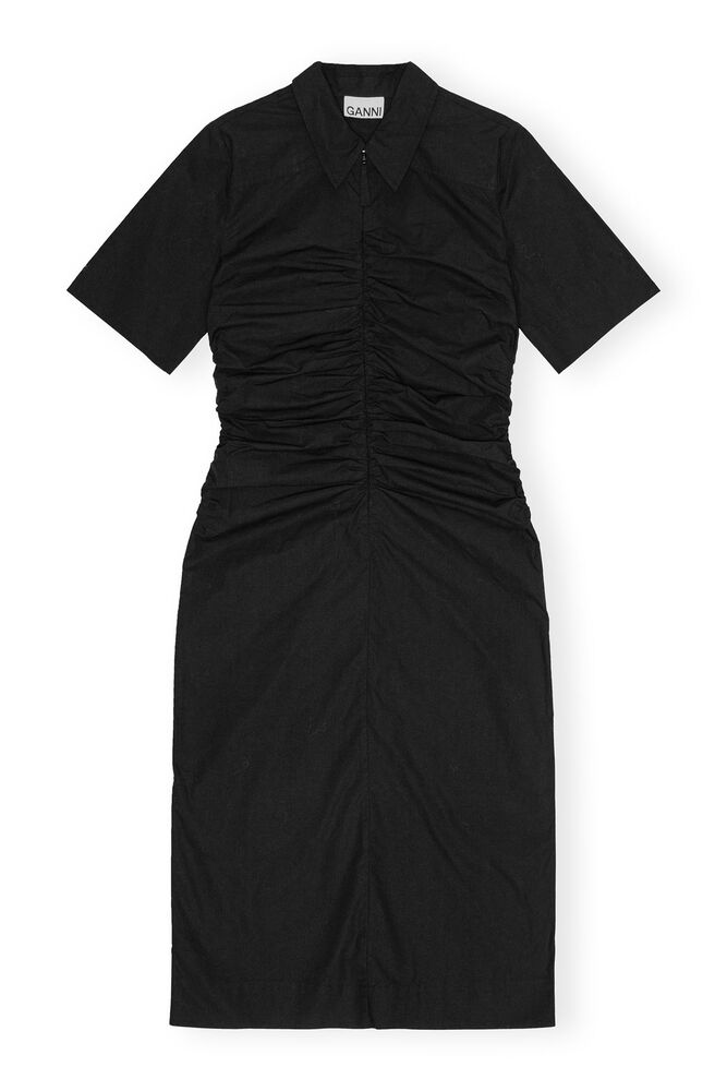 Black Cotton Poplin Gathered Midi Dress, Black