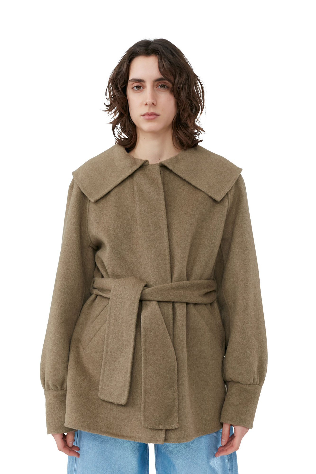 Brown Wool Collar Jacket, Polyamide, in colour Petrified Oak - 4 - GANNI