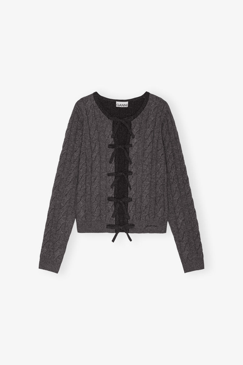 Grey and Black Cashmere Mix Tie String Cardigan, Merino Wool, in colour Phantom - 1 - GANNI