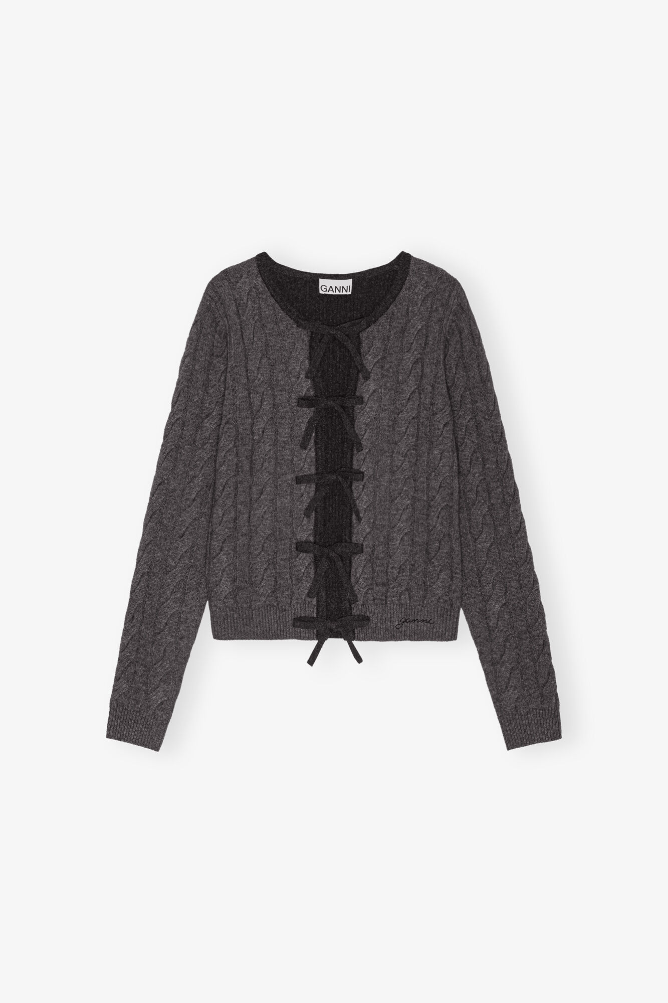 Grey and Black Cashmere Mix Tie String Cardigan, Merino Wool, in colour Phantom - 1 - GANNI