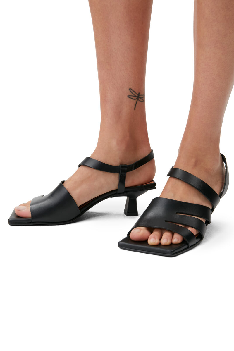 Kitten Heel Strappy Sandals, Calf Leather, in colour Black - 5 - GANNI