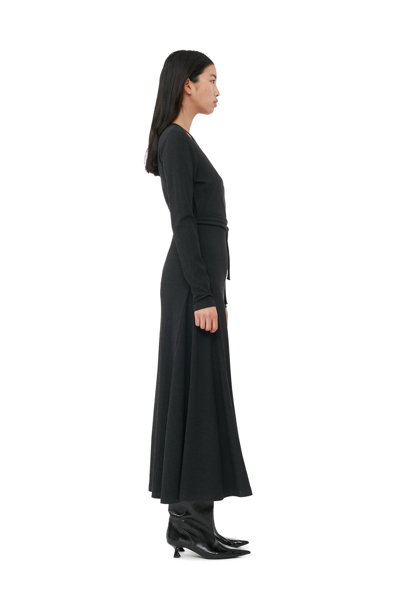Paloma Melange Black Rib Jersey Wrap Maxi Dress | GANNI