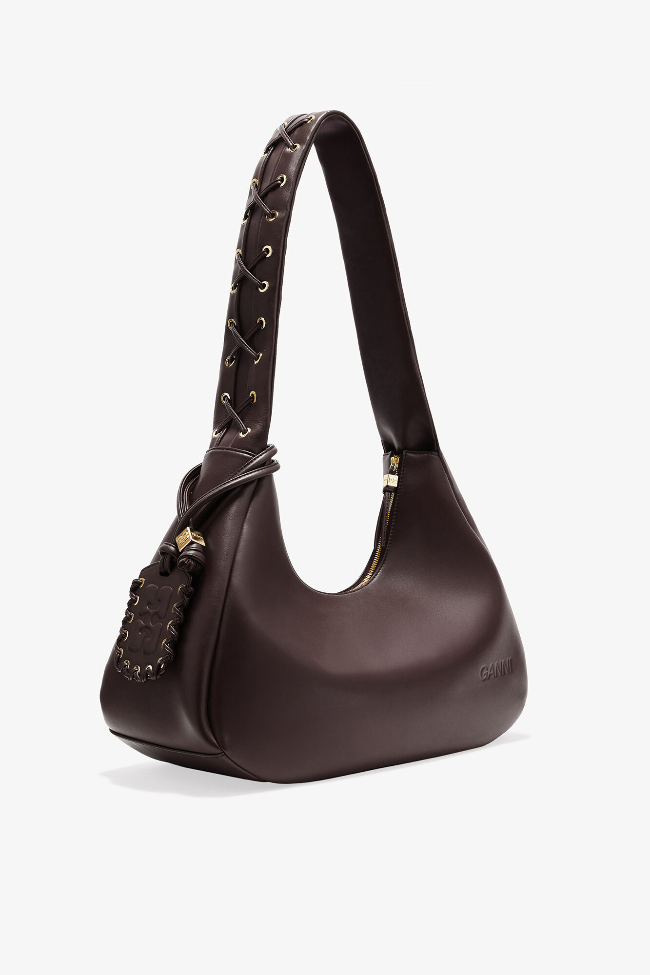 Brown Medium Laces Hobo Bag, Recycled Leather, in colour Chocolate Torte - 2 - GANNI