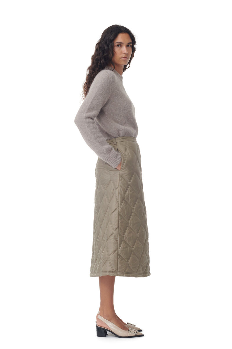 Brown Shiny Quilt Midi Skirt , Recycled Polyamide, in colour Fallen Rock - 2 - GANNI