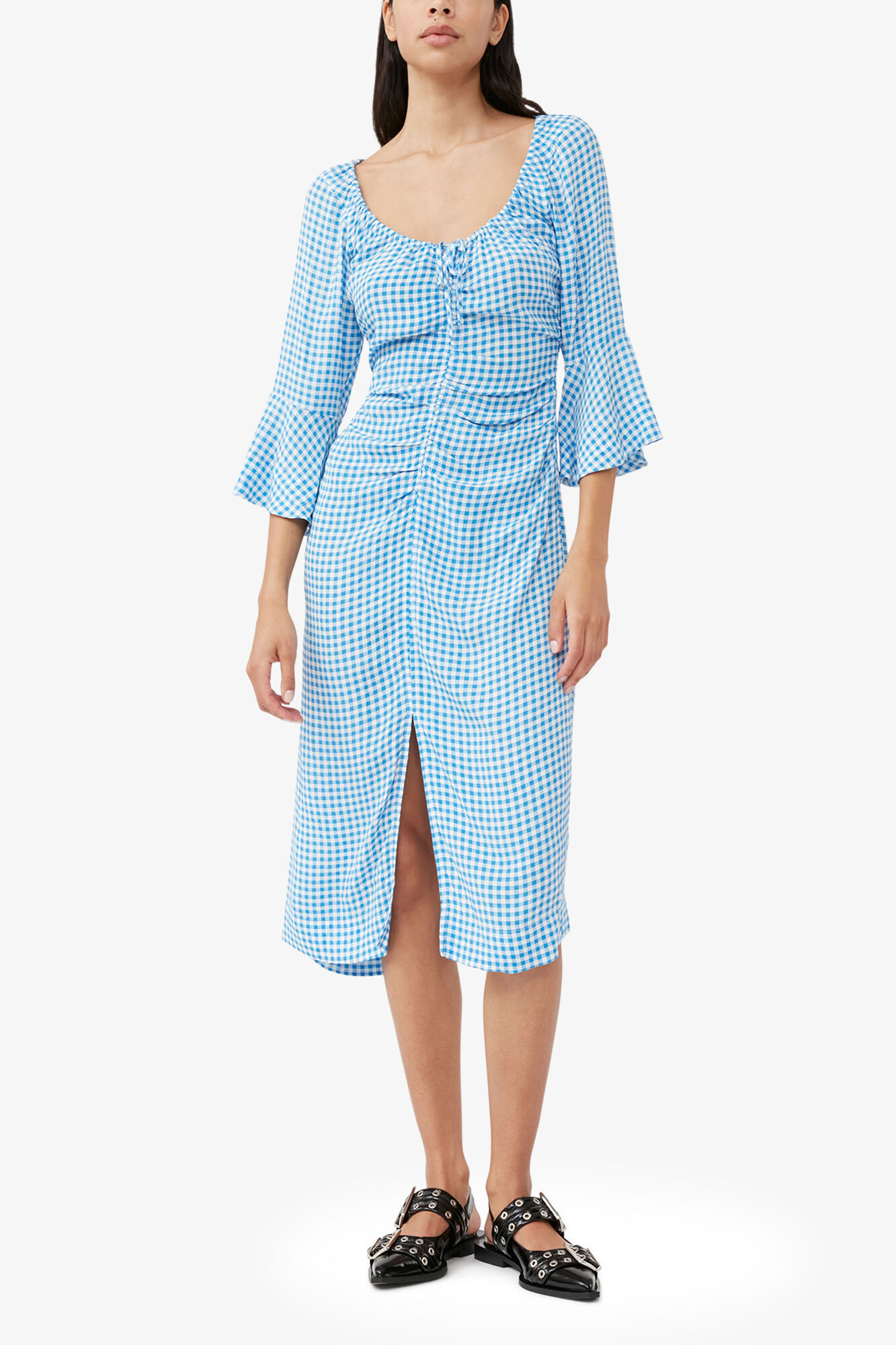 Strong Blue Printed Crepe Gathered U-neck Midi Dress | GANNI