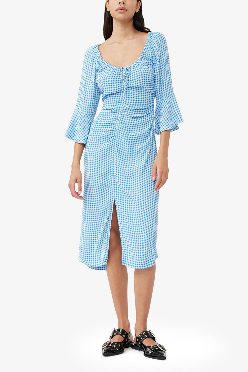 Printed Crepe Gathered U-neck Midi Dress, Viscose, in colour Strong Blue - 1 - GANNI