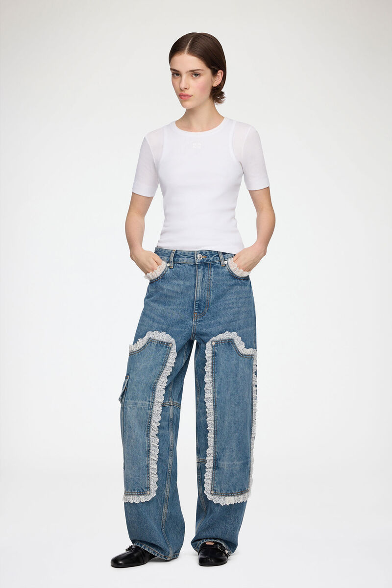 Audri Lace Jeans in Rigid Denim, Organic Cotton, in colour Dark Blue Vintage - 1 - GANNI