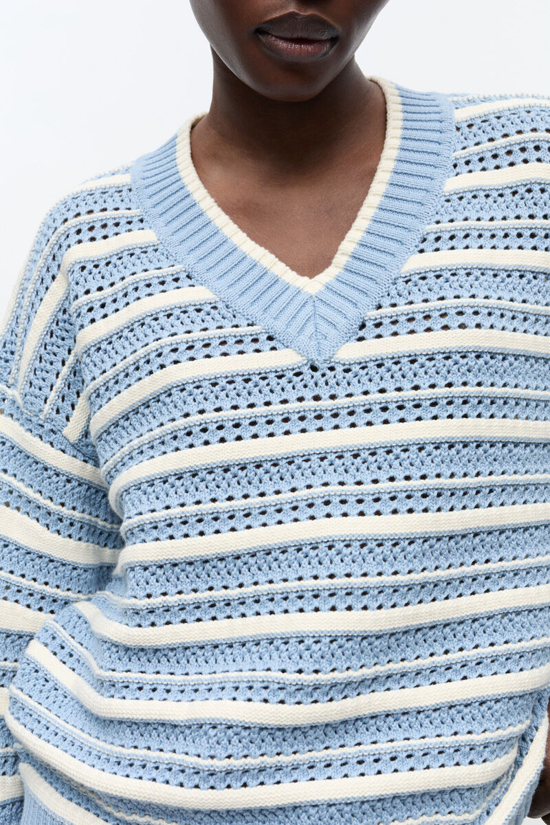 Blue Striped Cotton V-neck Jumper, Organic Cotton, in colour Egret - 4 - GANNI
