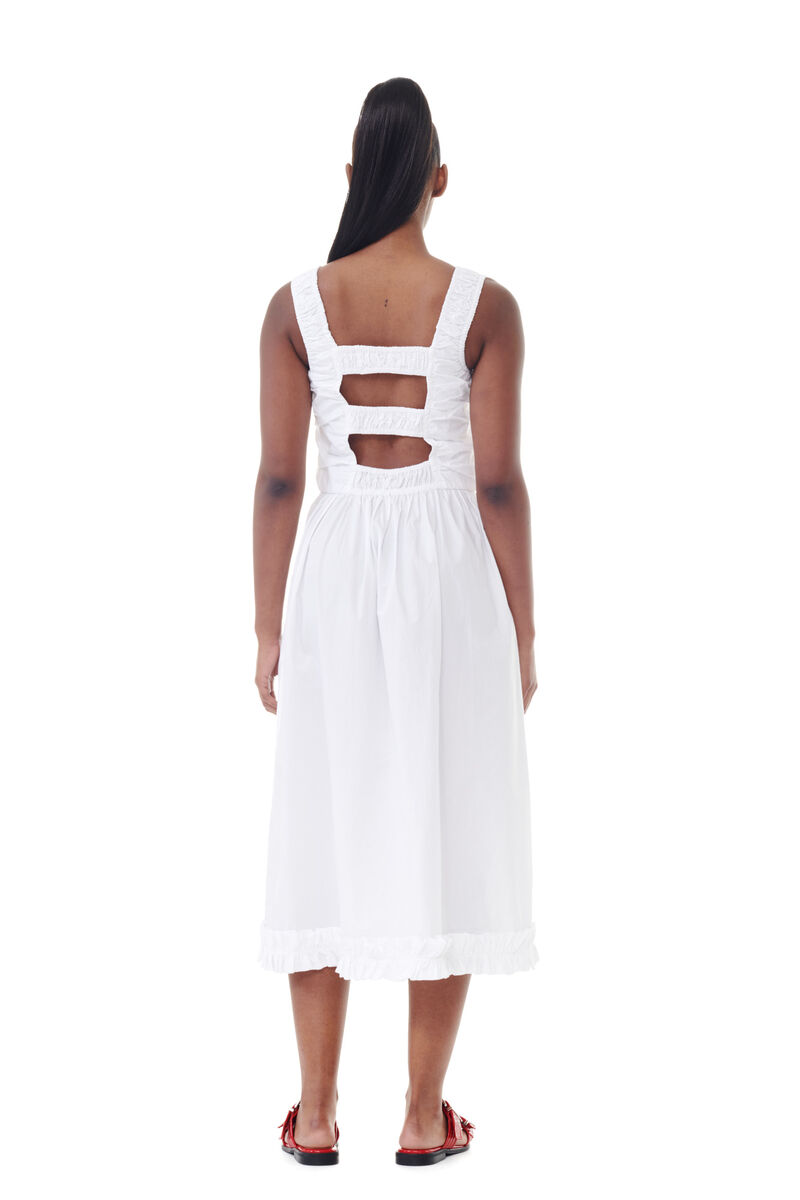 White Cotton Poplin Midi Strap Smock Dress, Cotton, in colour Bright White - 4 - GANNI