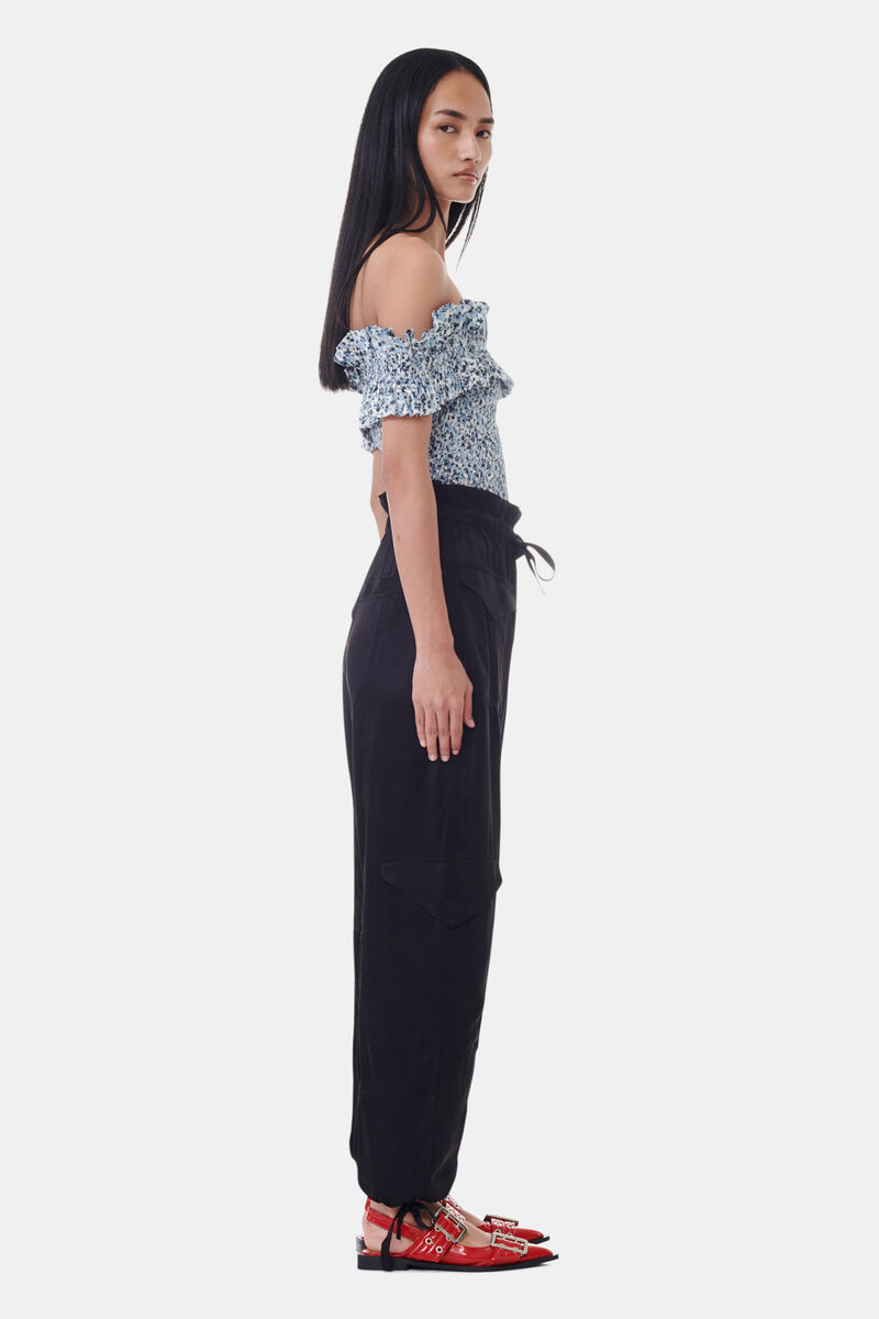 Glacier Lake Blue Floral Printed Cotton Off-shoulder Smock 