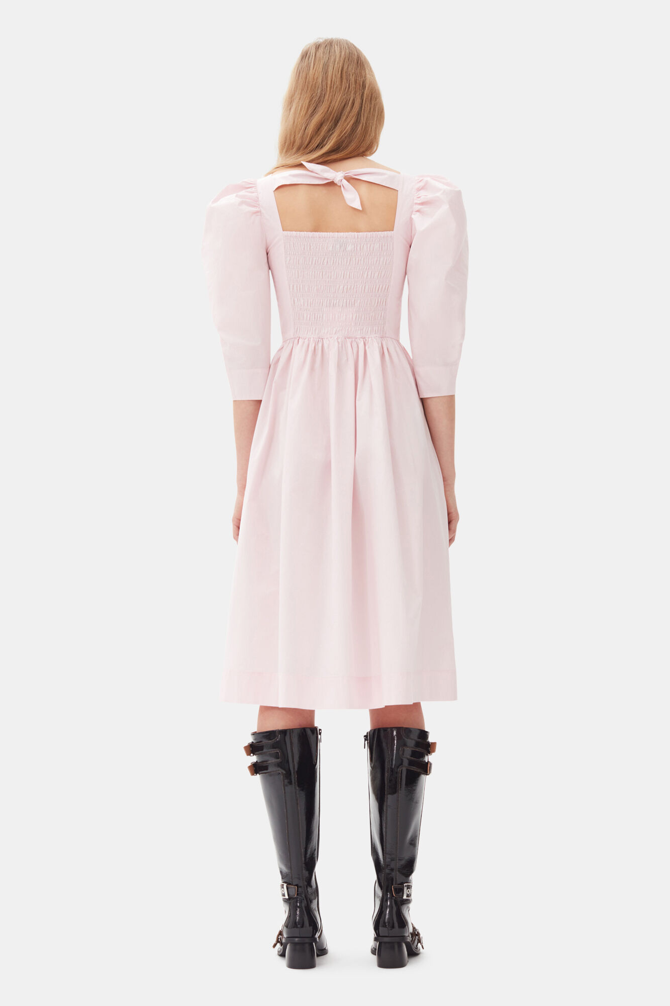 Pink Cotton Poplin Open Neck Smock Dress, Cotton, in colour Chalk Pink - 4 - GANNI