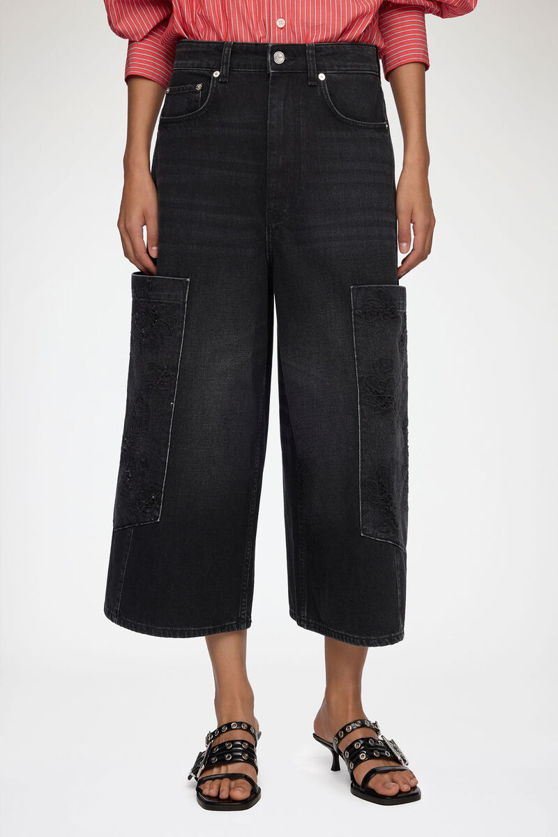 Cropped Cargo Jeans in Black Denim, Organic Cotton, in colour Black Washed - 2 - GANNI