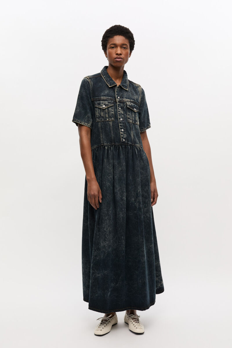 Black Washed Denim Dress, Tencel, in colour Black Washed - 1 - GANNI
